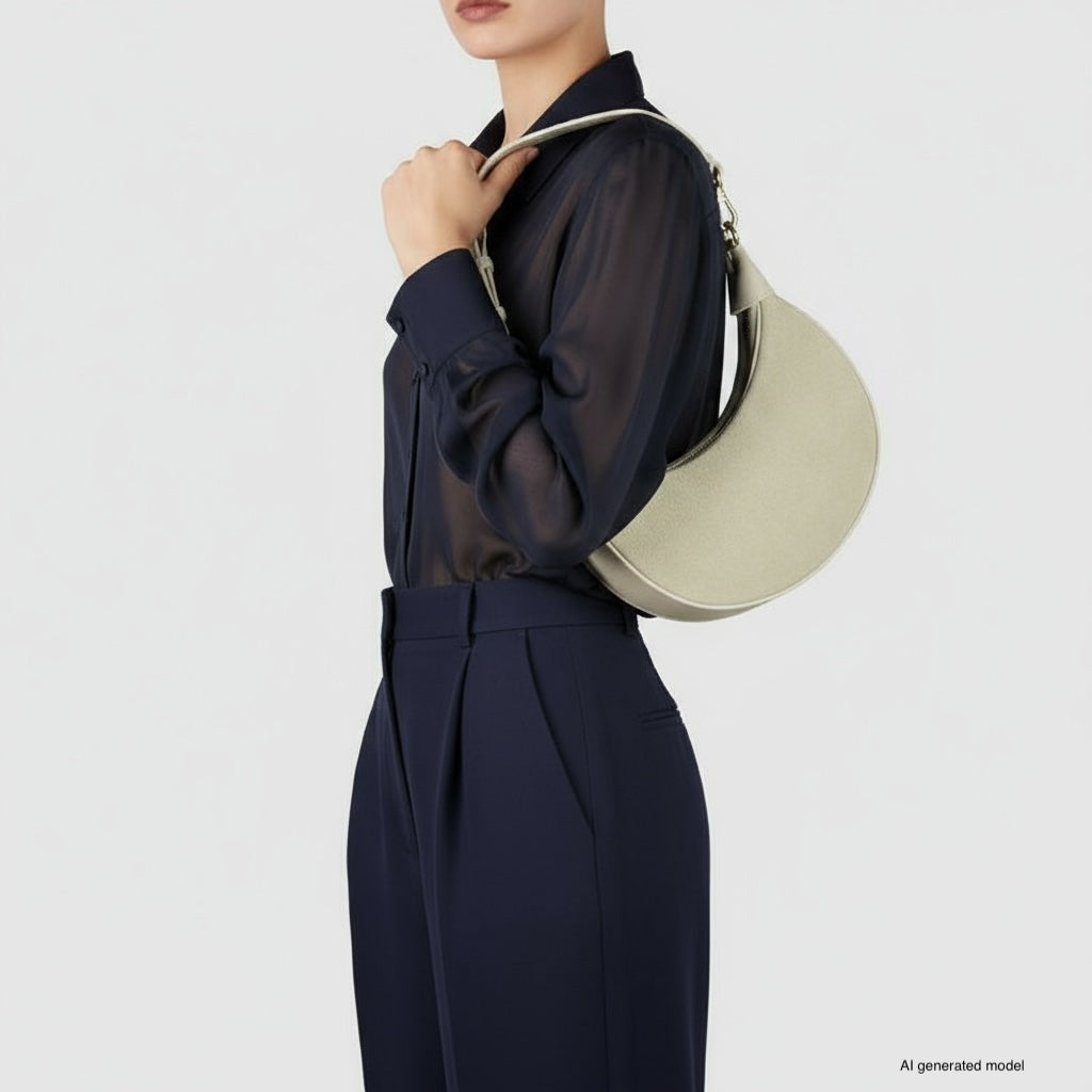 A woman wearing a sheer navy blouse and matching high-waisted trousers holds an elegant Italian leather bag, posing against a plain light background. Her face is partially out of frame.