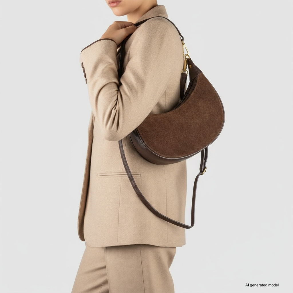 A person in a beige suit holds a brown crescent handbag with a gold clasp and long strap, crafted from Italian leather, against a plain light background.