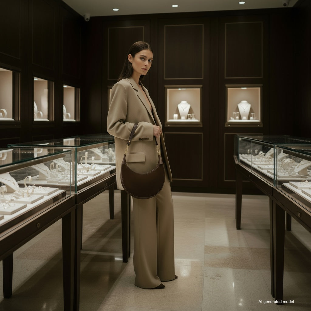 A woman wearing a beige suit stands in an elegant jewelry store, carrying a chic suede crossbody bag, surrounded by glass display cases filled with jewelry and illuminated wall displays showcasing necklaces and other pieces.