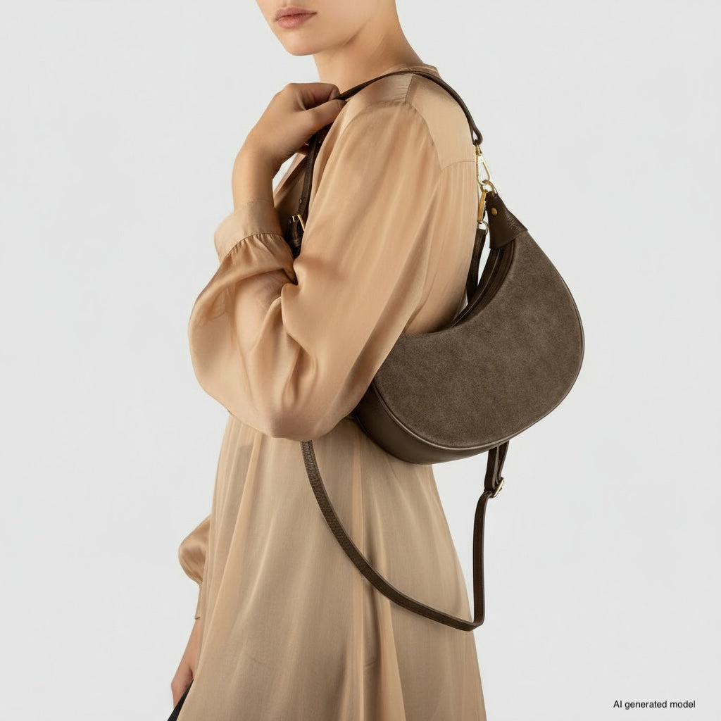 A woman in a beige, sheer, long-sleeved dress holds a brown crescent handbag over her shoulder, standing against a plain light background.