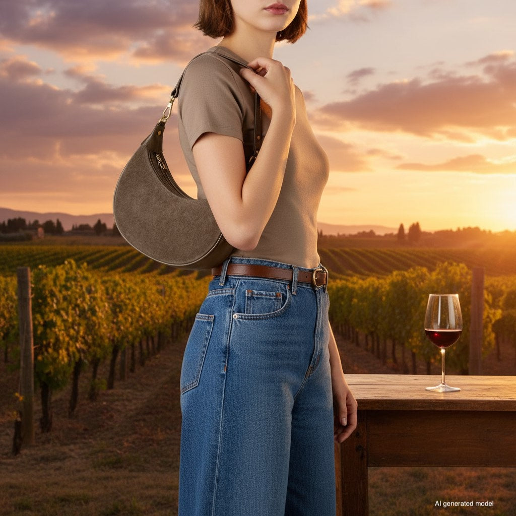 A woman in a brown top and jeans stands in a vineyard at sunset, carrying an elegant Italian leather bag on her shoulder. A glass of red wine rests on a wooden table beside her.