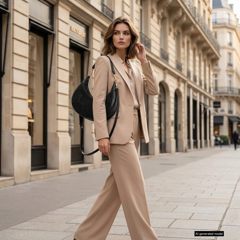 A woman in a beige suit with an Italian leather bag walks confidently down a stylish city street lined with elegant stone buildings and boutique shops.