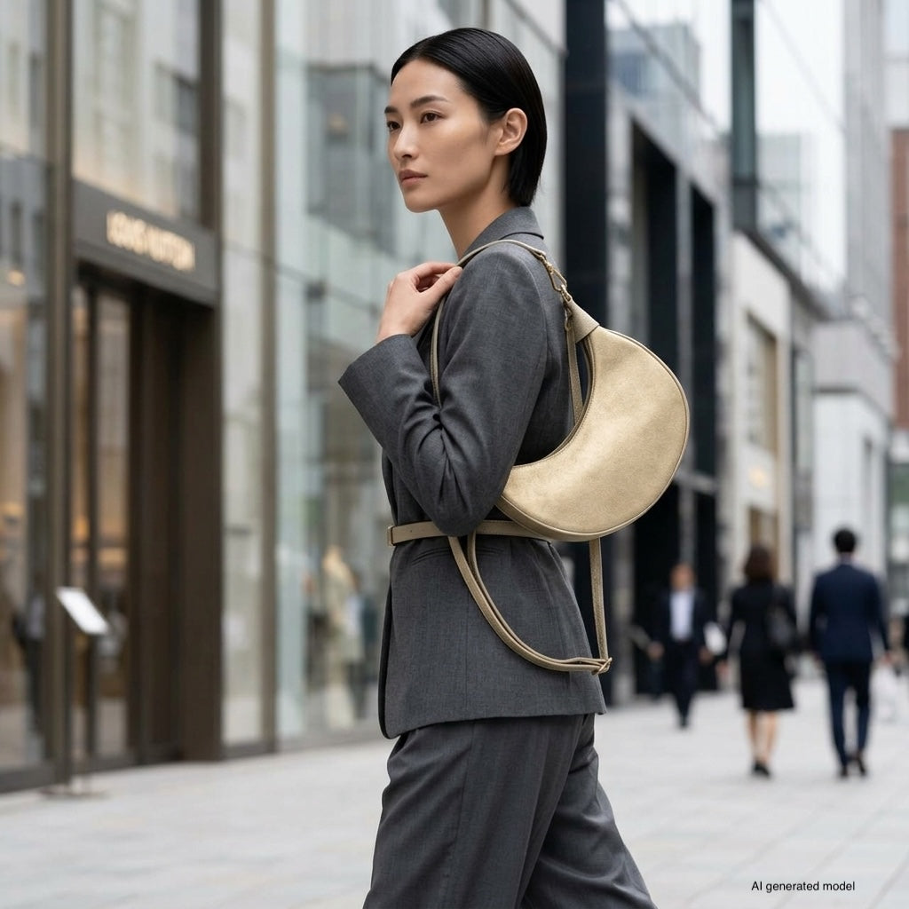 A woman in a gray suit walks in an urban setting, carrying a stylish Italian leather bag over her shoulder. Modern glass buildings and people in business attire are visible in the background.