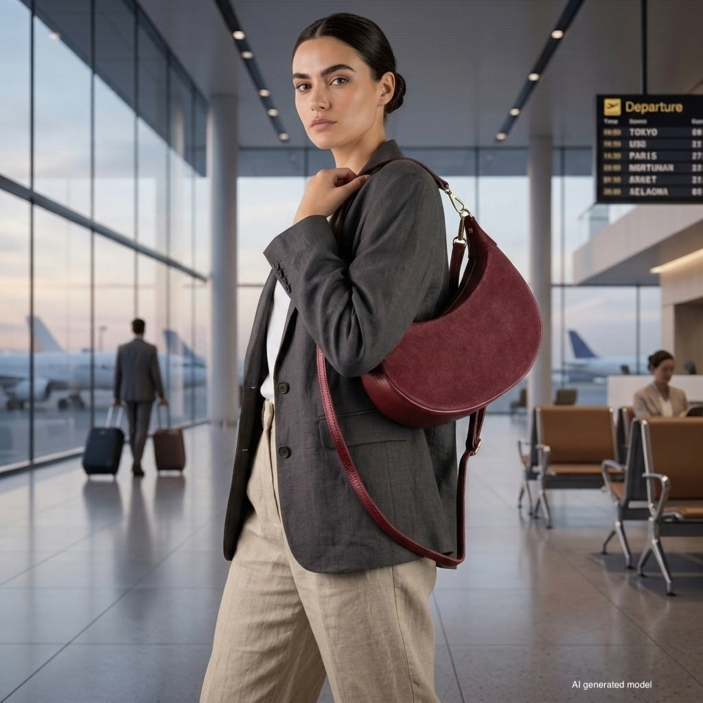 A woman in a gray blazer and beige pants stands in an airport terminal, carrying a large Italian leather bag over her shoulder. Behind her, travelers sit and walk, with planes visible through the large windows.