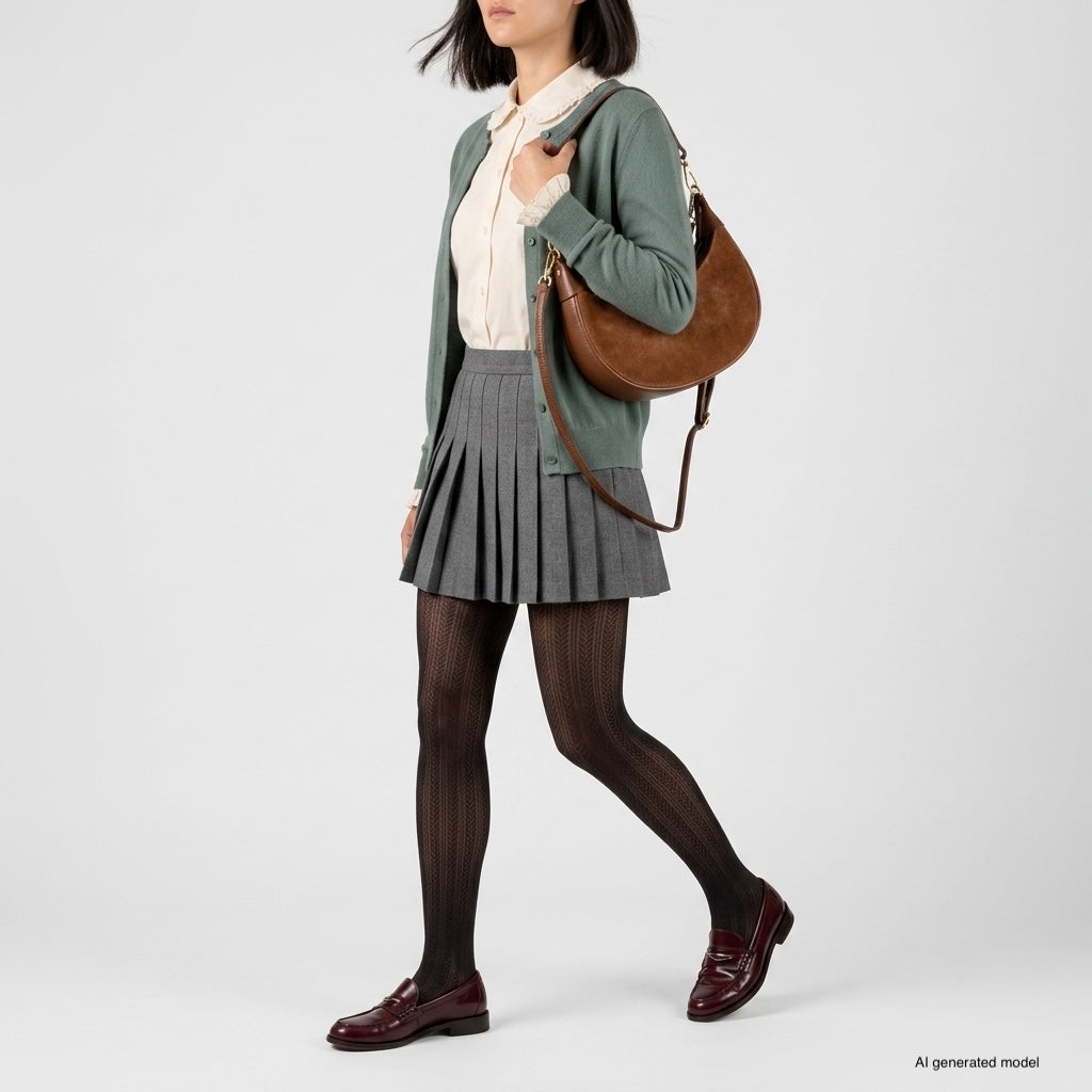 A woman wearing a sage green cardigan, white blouse, gray pleated skirt, black textured tights, and burgundy loafers walks while carrying an Italian leather bag. Her hair is chin-length and she’s facing to the side.