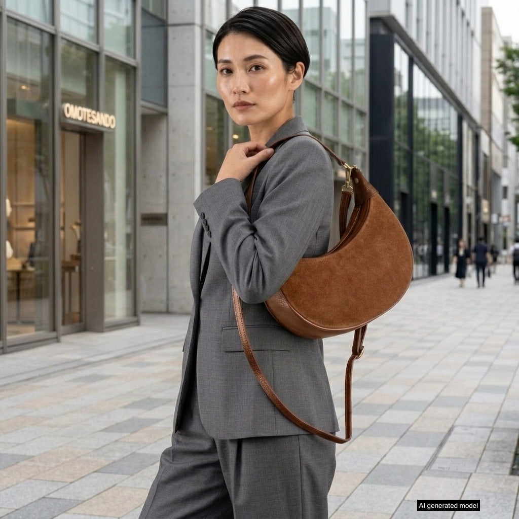 A woman in a gray suit stands on a city sidewalk, carrying a stylish suede crossbody bag. She looks confidently at the camera; modern buildings and storefronts line the street in the background.
