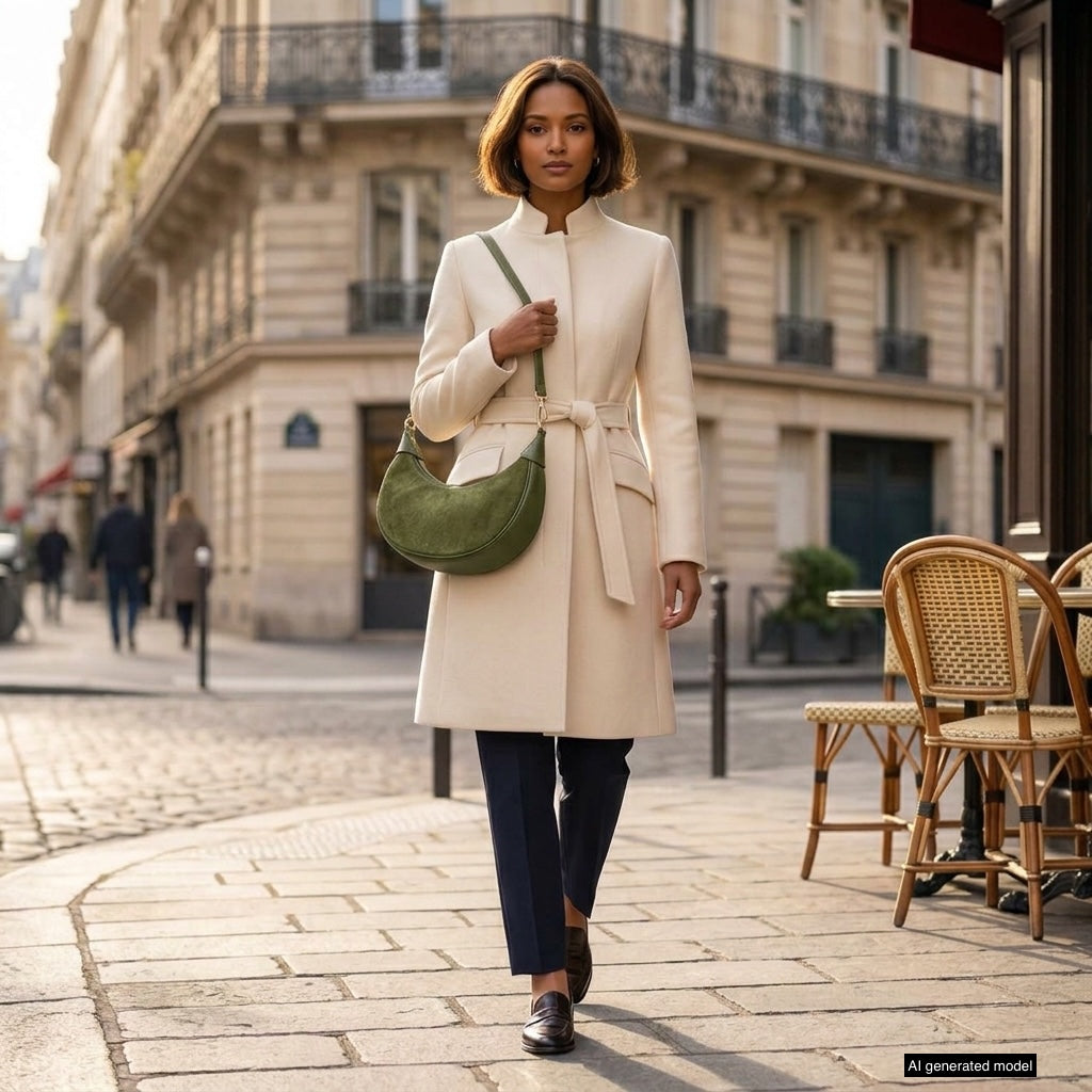 A woman in a cream-colored coat, dark pants, and loafers walks confidently down a Parisian street, carrying an elegant Italian leather bag. Outdoor café chairs and classic buildings line the cobblestone sidewalk.