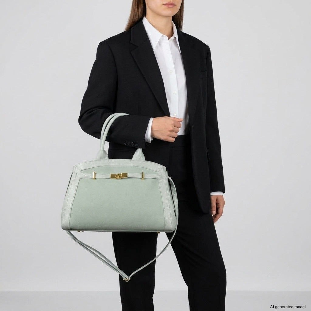 A person in a black suit and white shirt holds an Italian leather handbag with a gold clasp and shoulder strap against a plain light background. The model's face is partially out of frame.