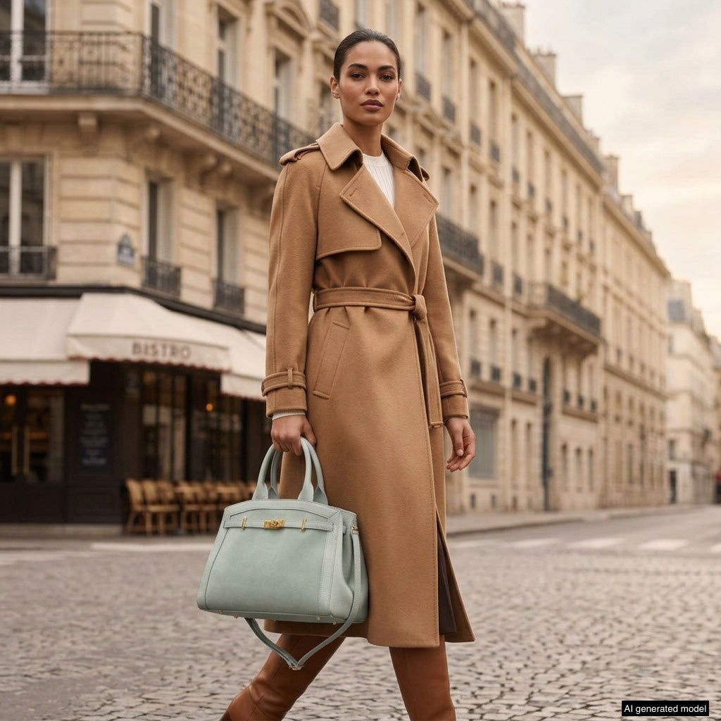 A woman in a long camel trench coat and tan boots holds an Italian leather handbag while walking on a cobblestone street in a European city, with classic buildings and a bistro in the background.