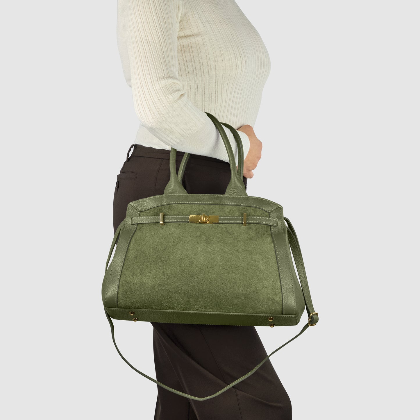 Calf & Suede Leather Top-Handle Bag