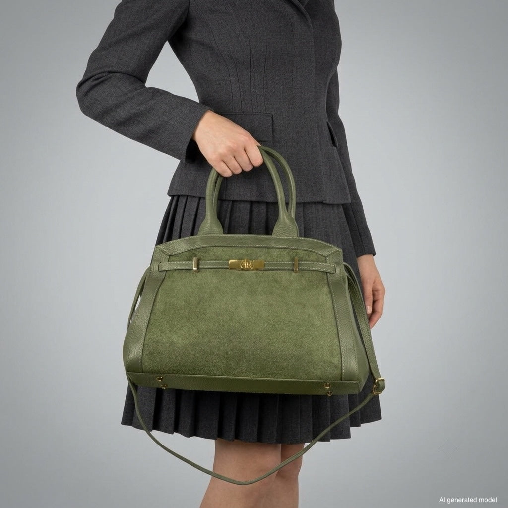 A person wearing a dark gray pleated skirt and jacket holds a large Italian leather handbag with short handles and a shoulder strap against a plain gray background.