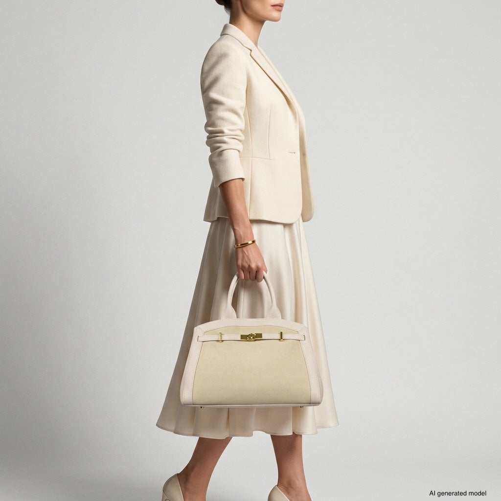 A woman in an elegant cream-colored suit and skirt holds an Italian leather handbag. She stands sideways against a plain background, wearing beige heels. Her face is not fully visible.