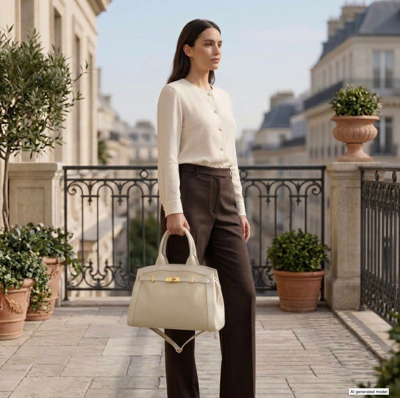 A woman in a cream cardigan and brown trousers stands on an elegant balcony holding a handmade crossbody bag, with potted plants and classic Parisian buildings in the background.