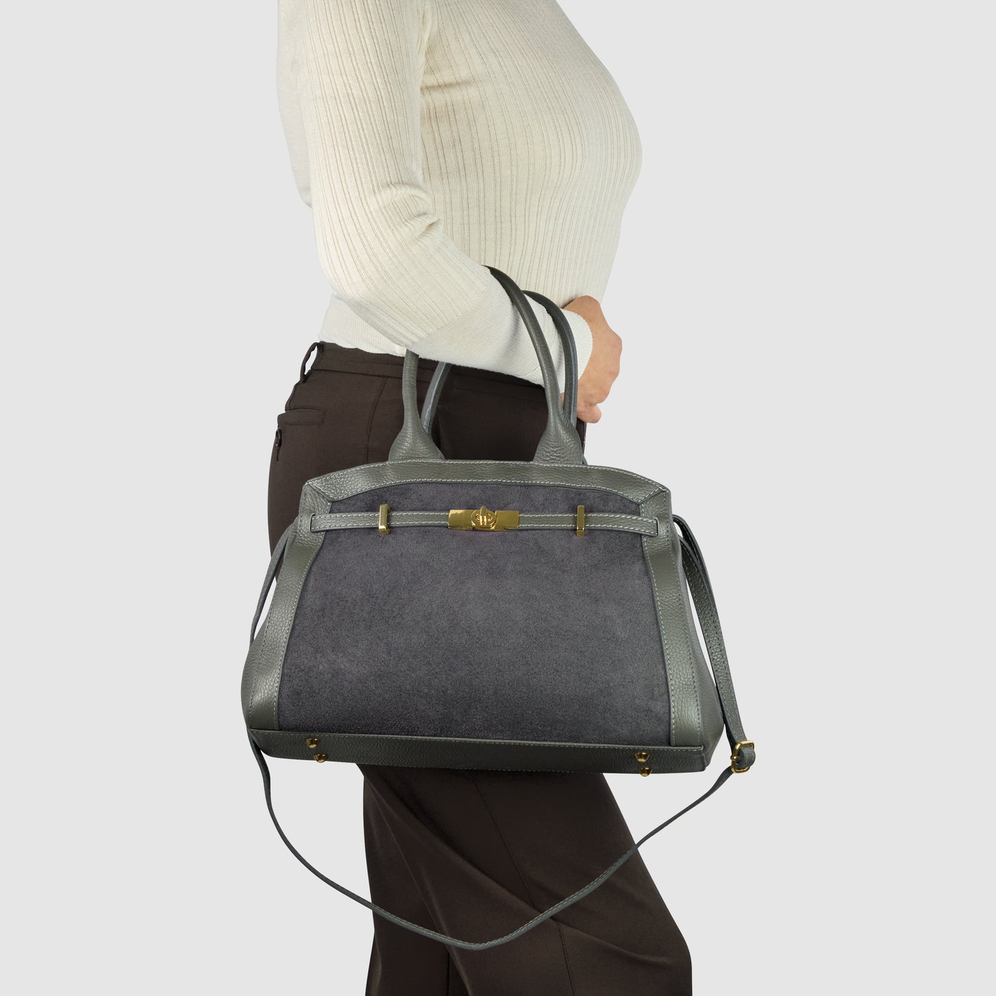 Calf & Suede Leather Top-Handle Bag