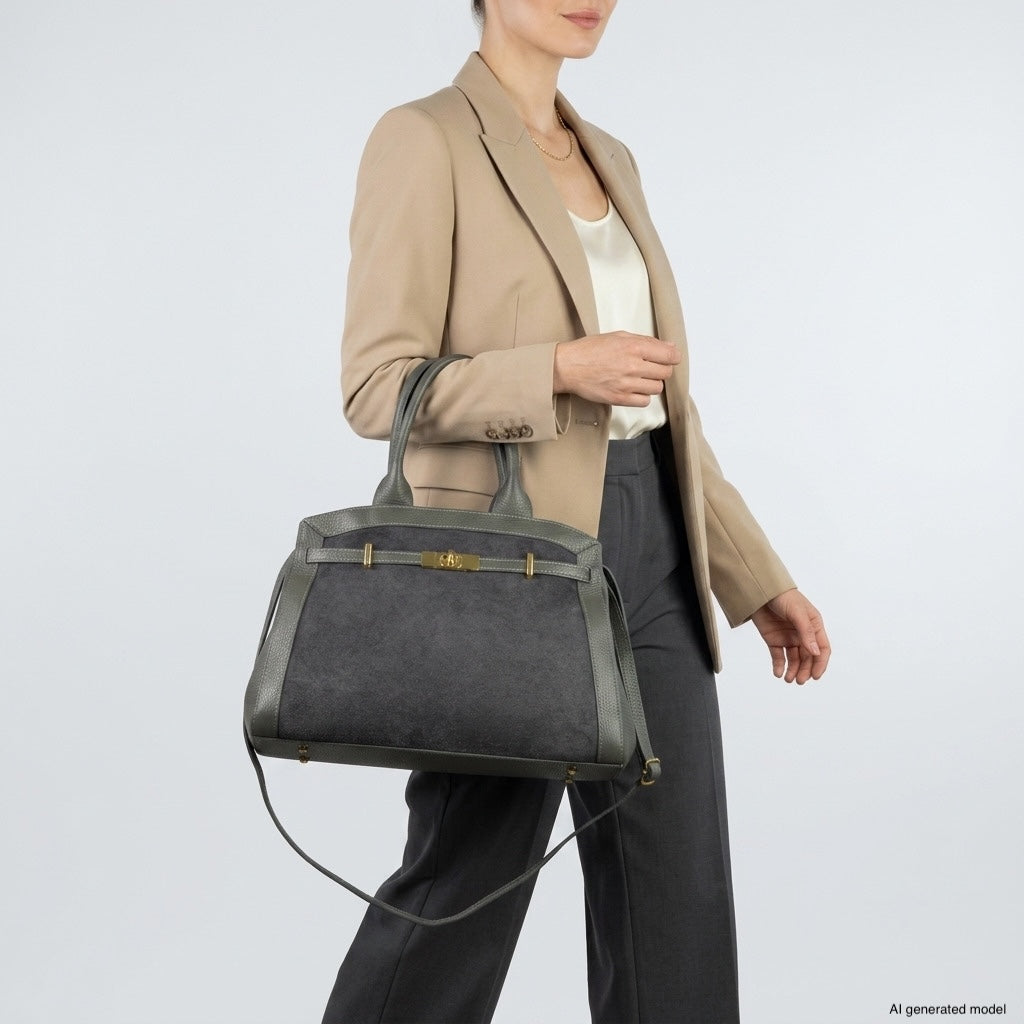 A woman in a beige blazer and black pants holds a large Italian leather handbag with gold accents and a shoulder strap, standing against a plain light background.