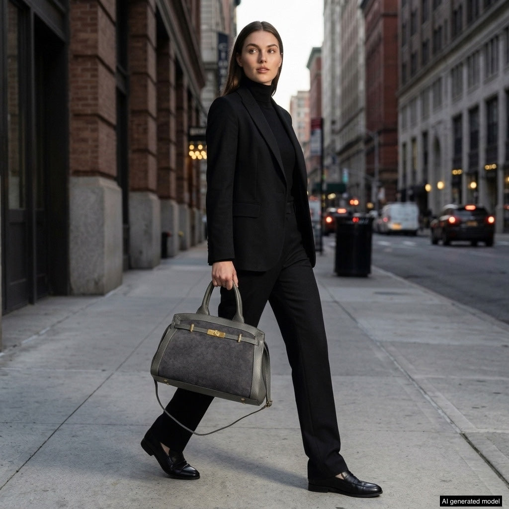 A woman in a black suit and turtleneck walks confidently on a city sidewalk, holding an elegant Italian leather handbag. Tall buildings line the street in the background.