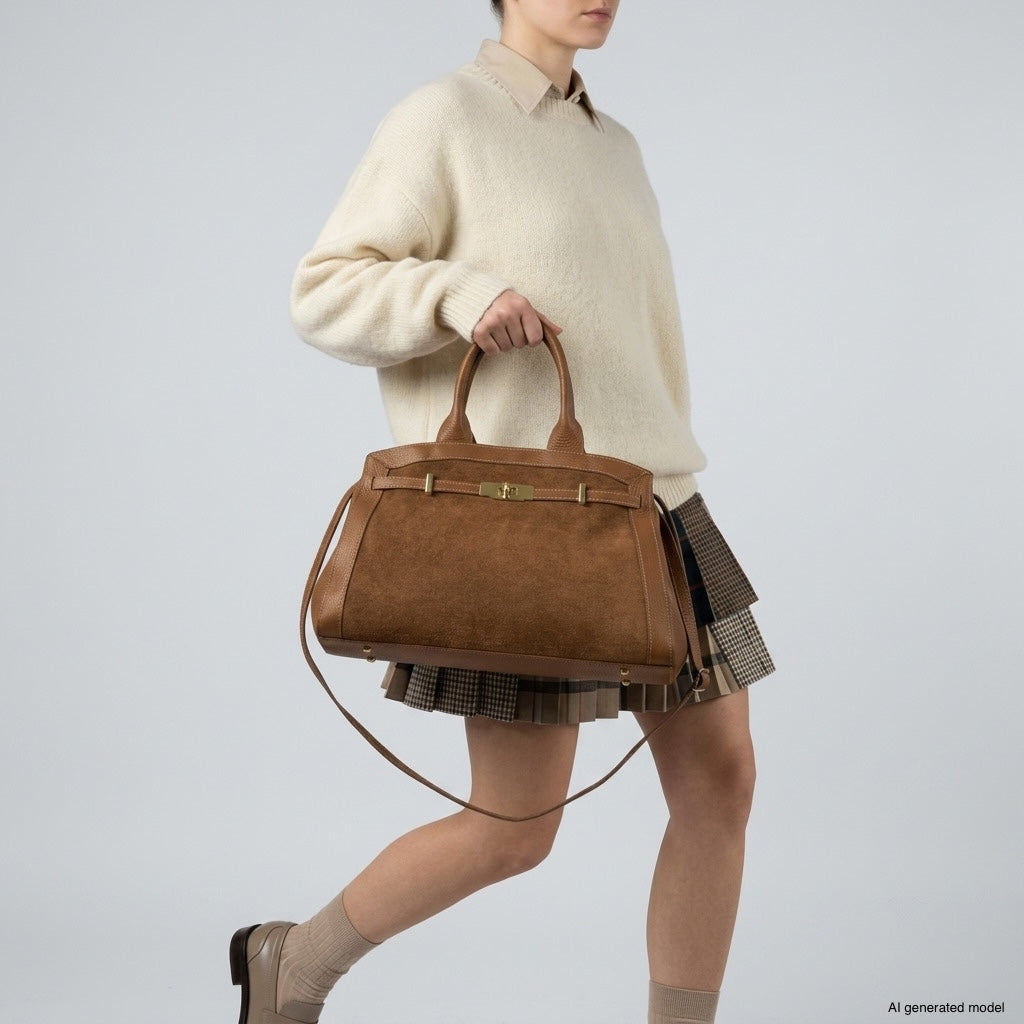 A person wearing a cream sweater and plaid skirt carries an Italian leather handbag with gold accents. The background is plain light gray.