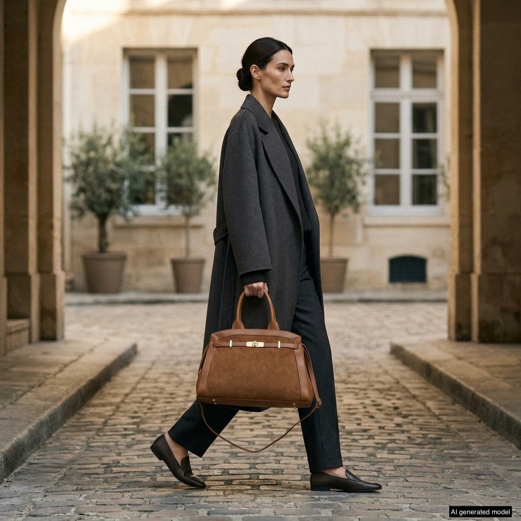 A woman with dark hair in a low bun walks on a cobblestone path, wearing a long gray coat, dark pants, and flats, carrying an elegant Italian leather handbag. She is in a courtyard with arched walls and potted trees.