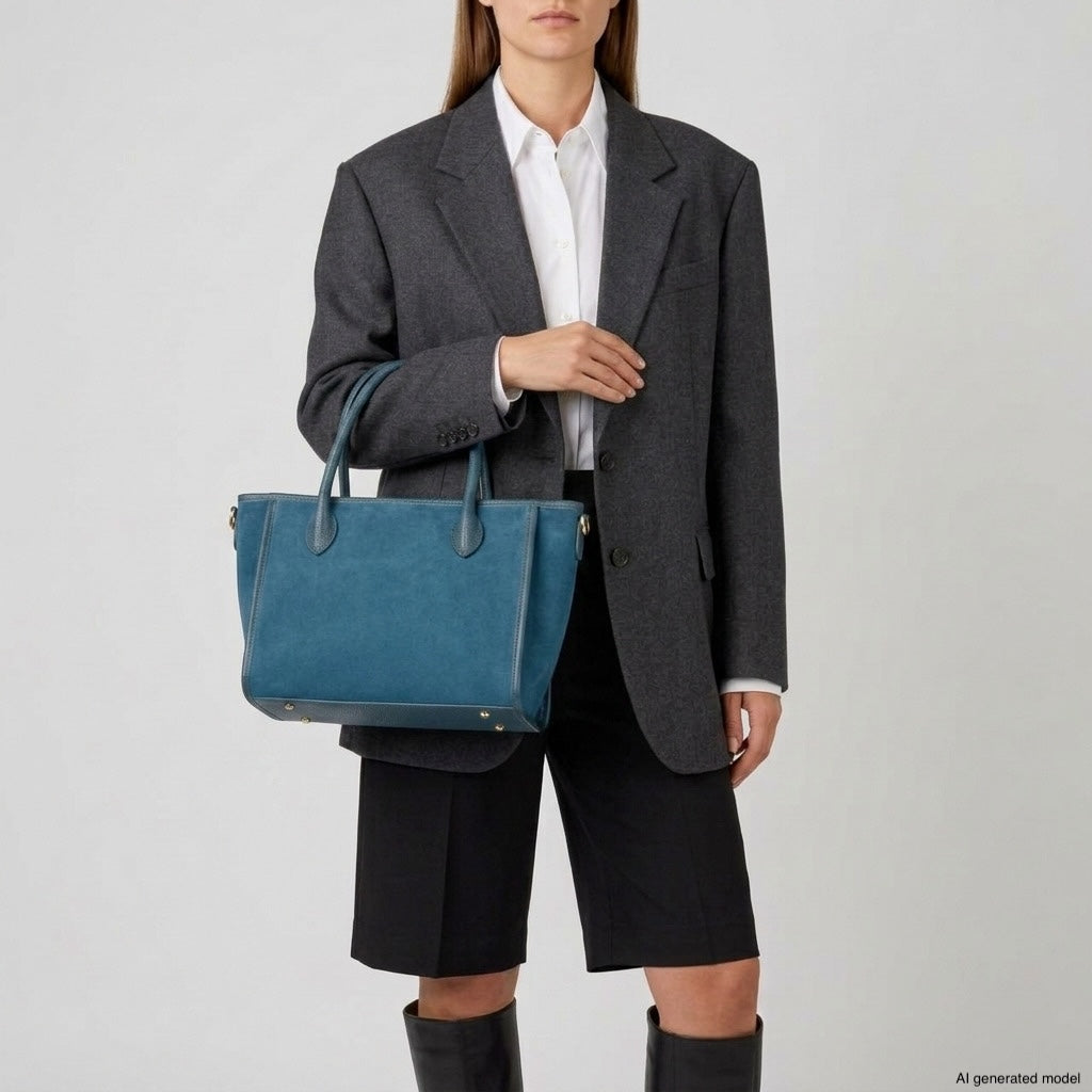 A person wearing a dark blazer, white shirt, black shorts, and knee-high boots stands holding a minimalist carryall against a plain background.