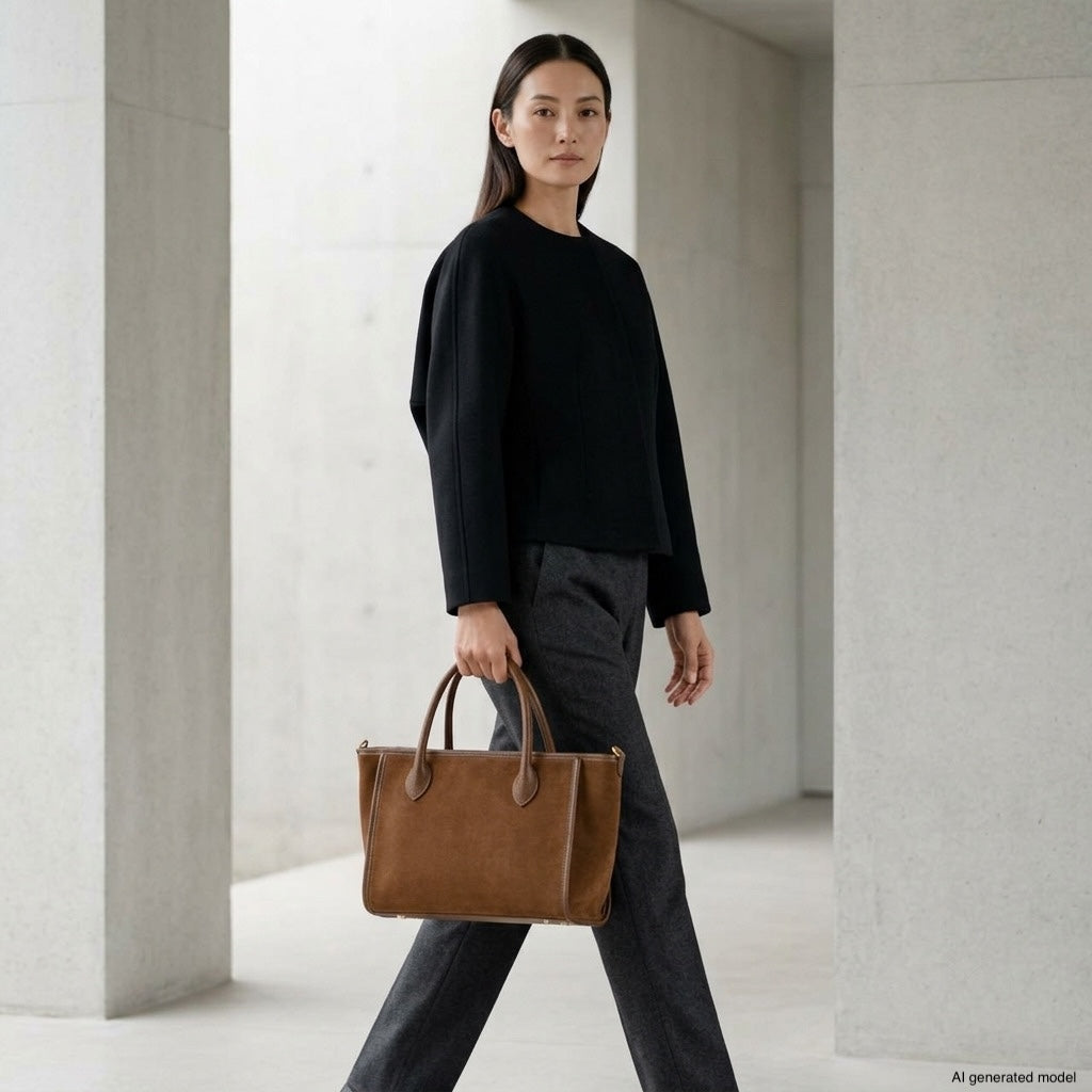 A woman with long dark hair, wearing a black top and gray pants, holds an Italian suede handbag and stands in a modern, minimalist concrete hallway.