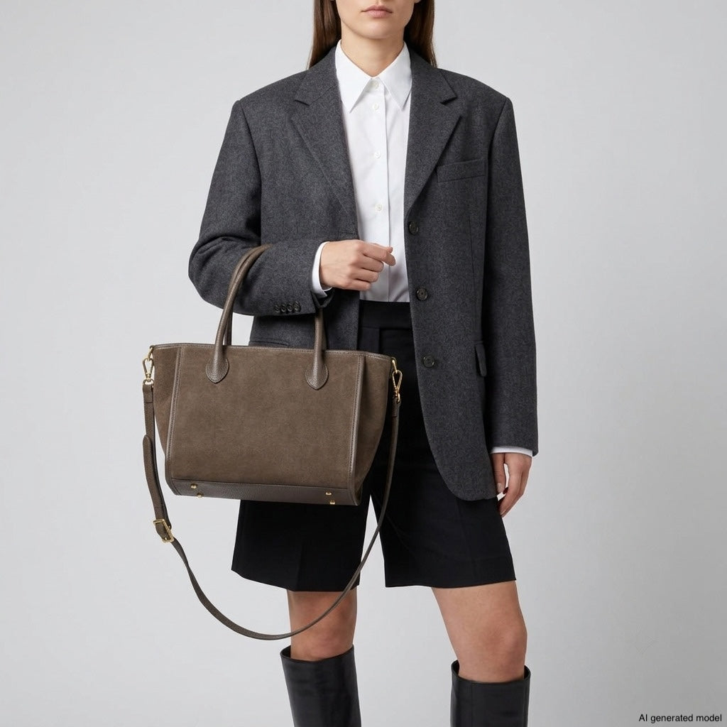 A woman in a gray blazer, white shirt, and black shorts holds a minimalist carryall with both hands. She is also wearing black knee-high boots. Her face is not visible.