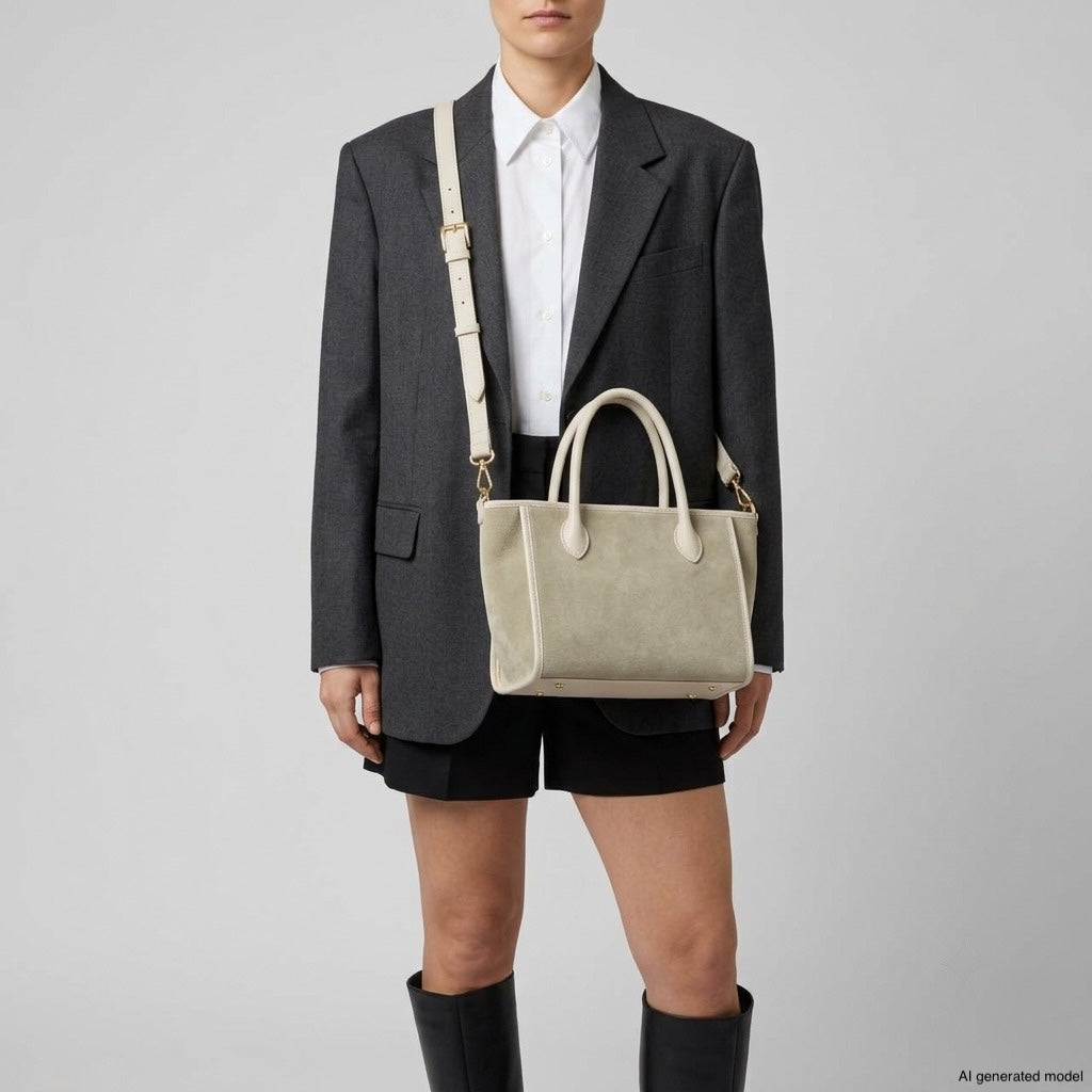A person wearing a dark blazer, white shirt, and black shorts holds a handcrafted leather bag with a shoulder strap. They are also wearing knee-high black boots. The background is plain and light-colored.