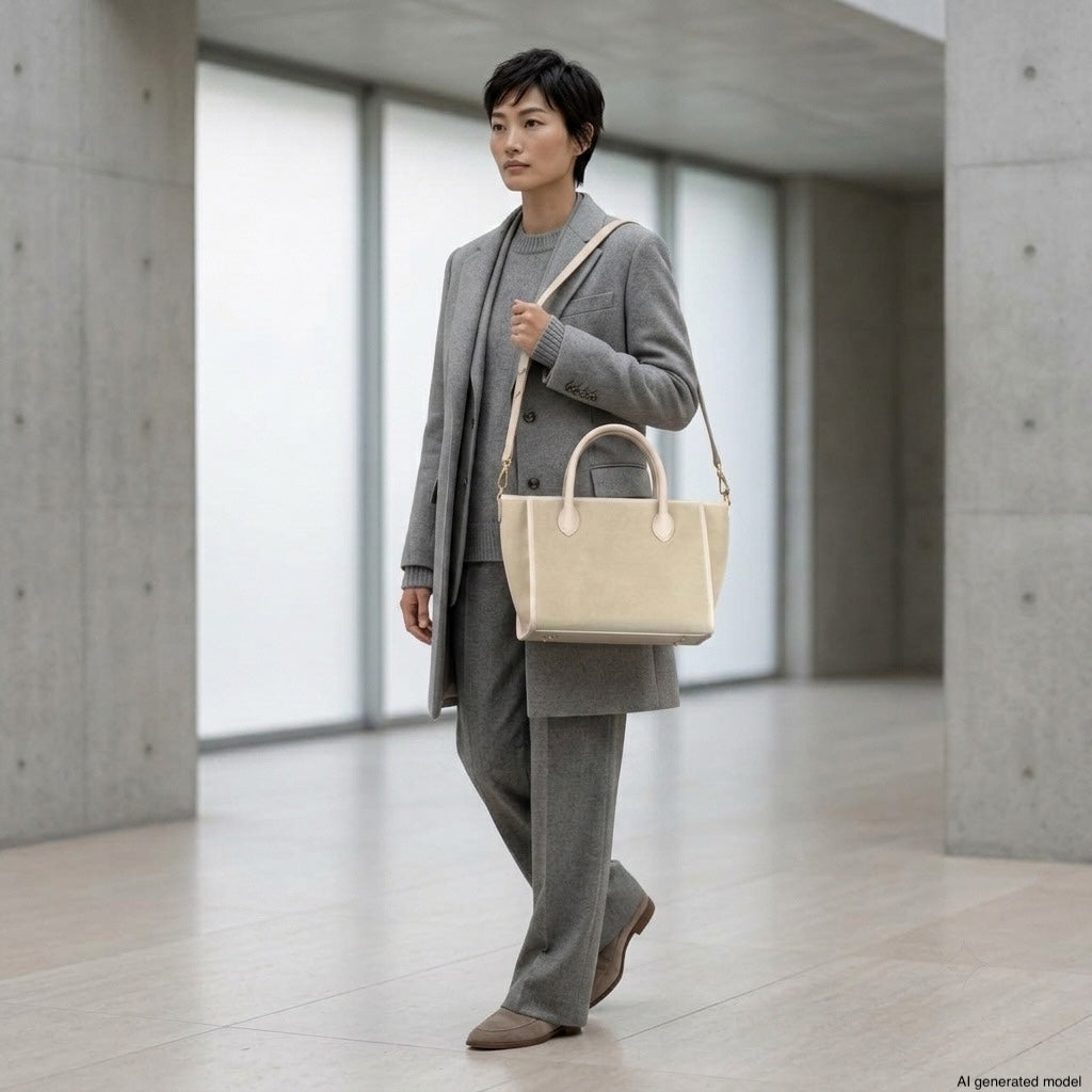 A person in a gray suit and coat walks indoors, carrying a minimalist carryall. The background features large windows and modern architecture, creating a professional, understated atmosphere.