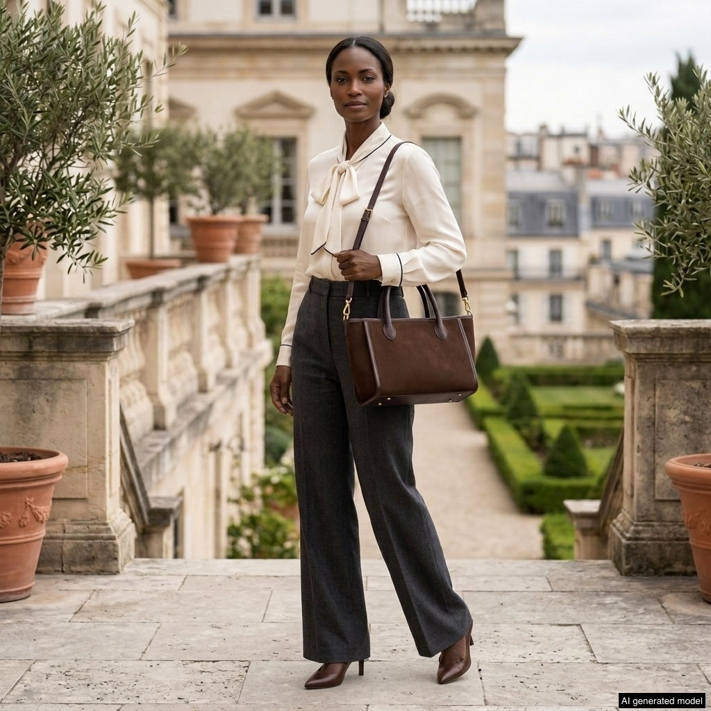 A woman in a white blouse, dark trousers, and heels stands outdoors holding a minimalist carryall. She is on a stone terrace with greenery, elegant buildings, and manicured gardens in the background.