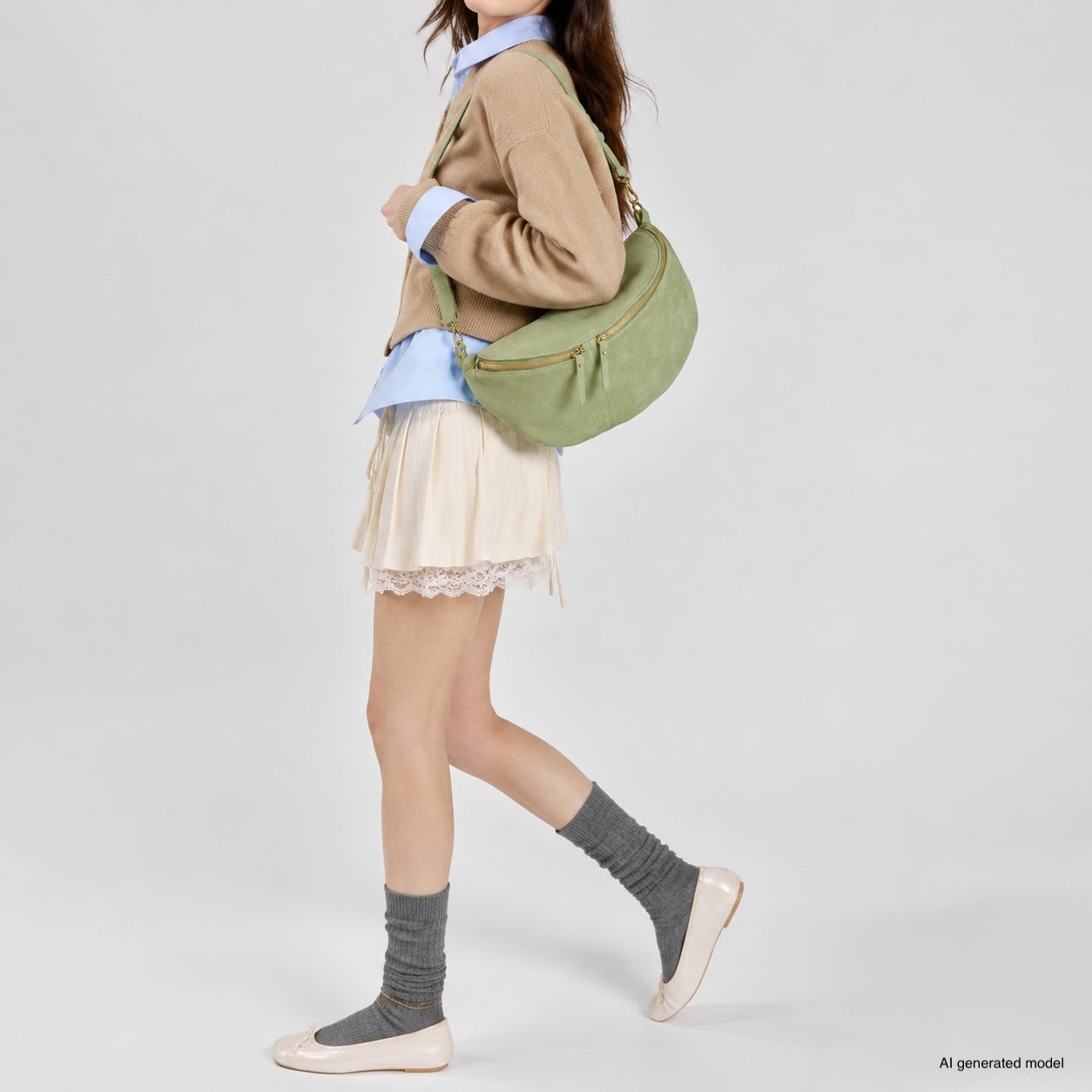 A person in a beige sweater, blue shirt, cream skirt with lace trim, gray socks, and cream flats carries an Italian suede crossbody bag. The background is plain and light-colored.