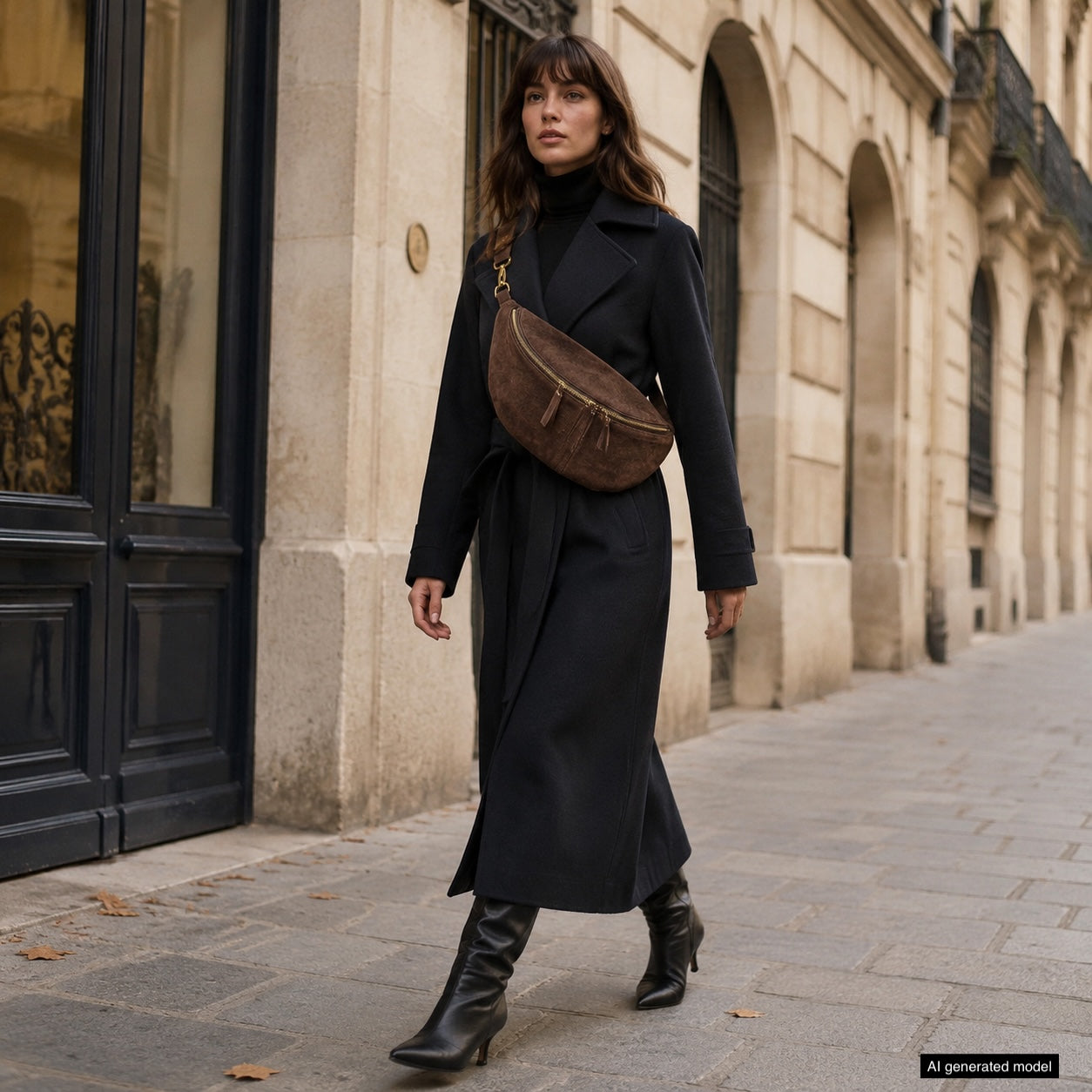 A woman wearing a long dark coat, black turtleneck, and knee-high boots walks confidently down a cobblestone street, carrying an Italian suede crossbody bag. The background features elegant stone buildings with arched windows.