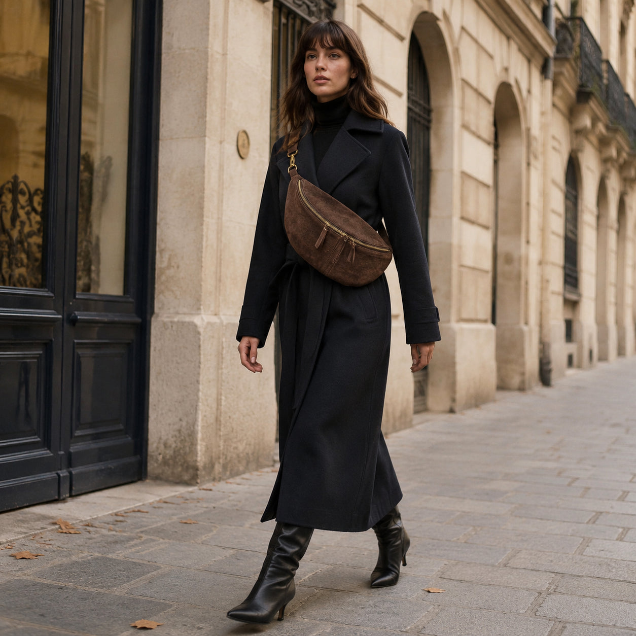 A woman walks confidently on a city sidewalk, wearing a long black coat, black boots, and an Italian suede crossbody. The background shows old stone buildings with tall windows and ornate details.
