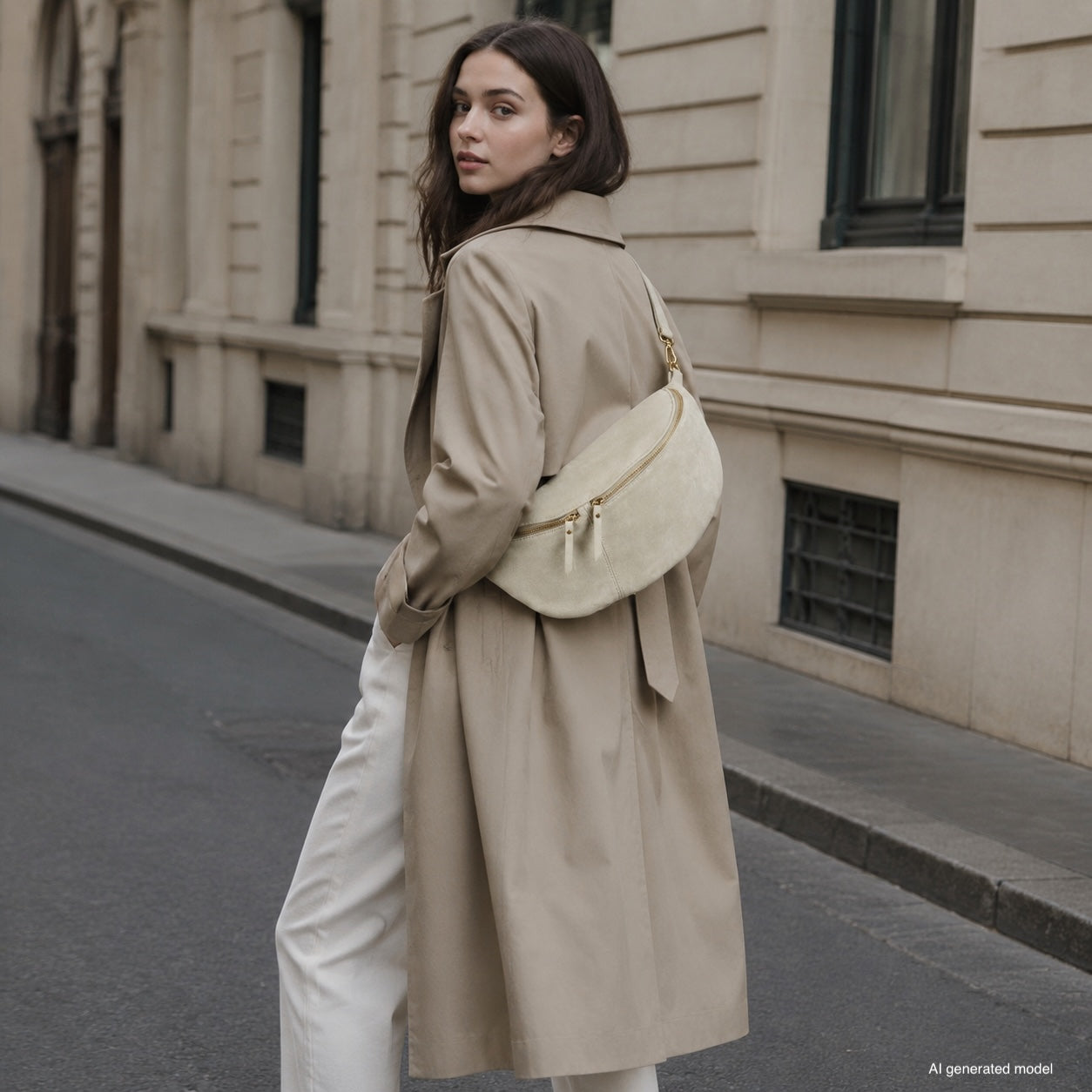 A woman with long brown hair wears a beige trench coat, white pants, and an Italian suede crossbody bag, walking down a city street lined with stone buildings. She looks over her shoulder toward the camera.