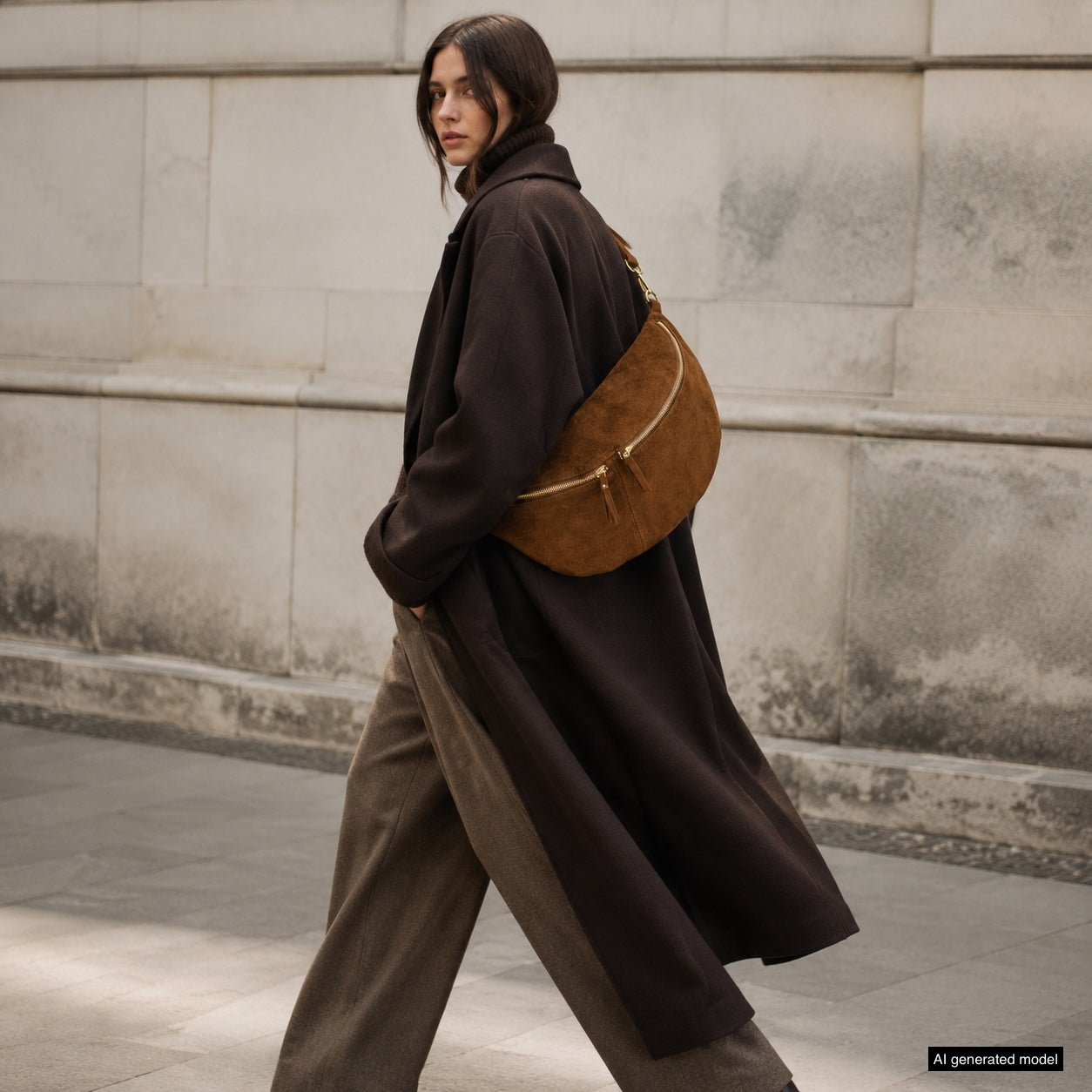 A person in a long dark coat and brown pants walks outdoors, carrying an Italian suede crossbody bag. The background features a light stone wall.