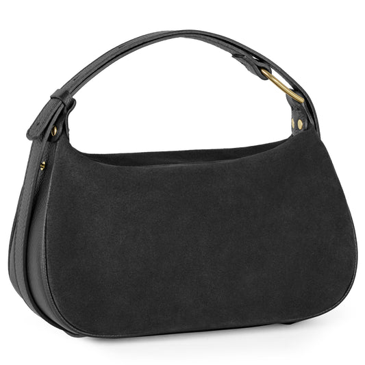 A stylish black suede Italian leather bag with a curved shape, short handle, and gold-tone hardware, photographed on a white background.