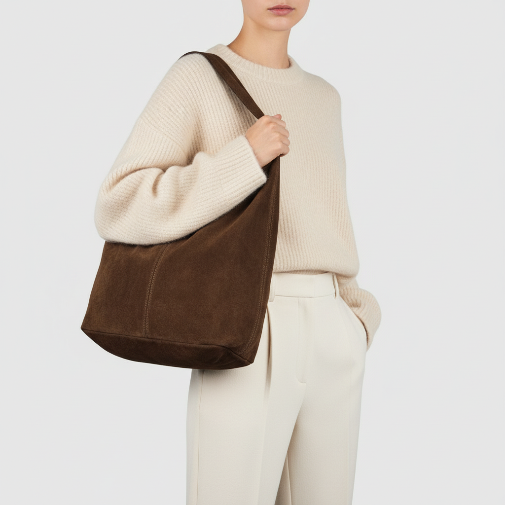 A person wearing a cream knit sweater and high-waisted cream trousers holds a minimalist suede handbag. The background is plain and light-colored, and the person's face is not fully visible.