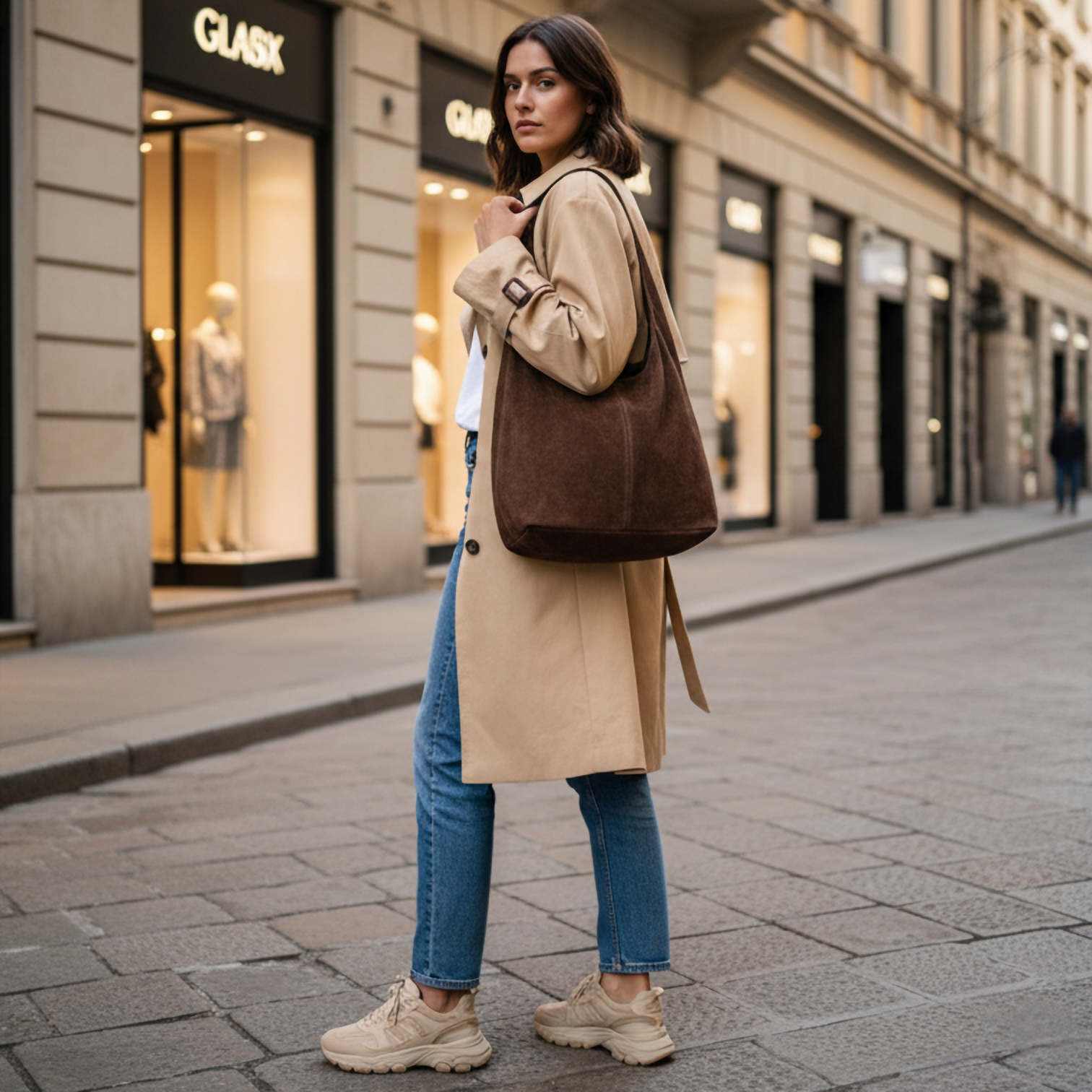 A woman wearing a beige trench coat, blue jeans, and beige sneakers stands on a city sidewalk, carrying a minimalist suede handbag that highlights Florentine craftsmanship. Behind her are upscale storefronts with large windows and mannequins.