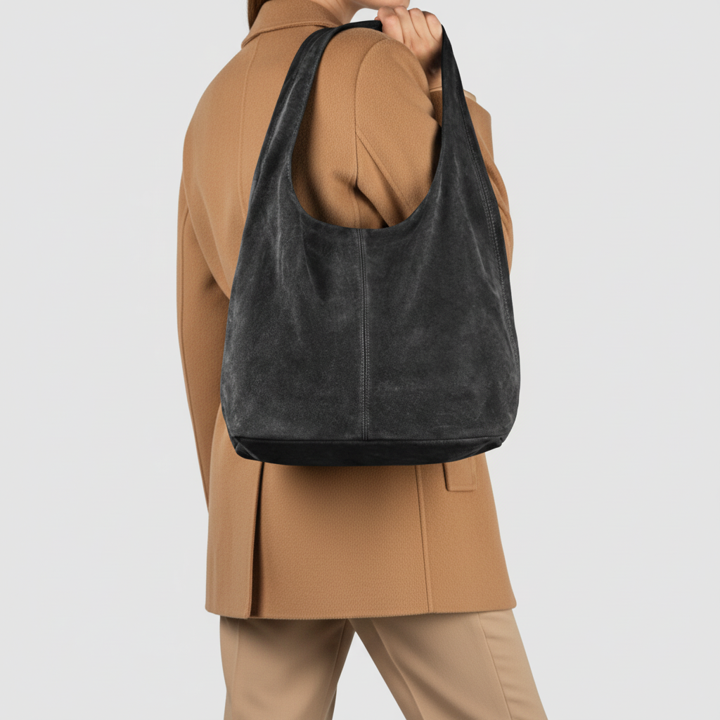 A person wearing a tan coat and beige pants holds a large Italian suede bag with a soft, unstructured shape and wide straps, shown against a plain white background—a beautiful example of minimalist suede handbag design.