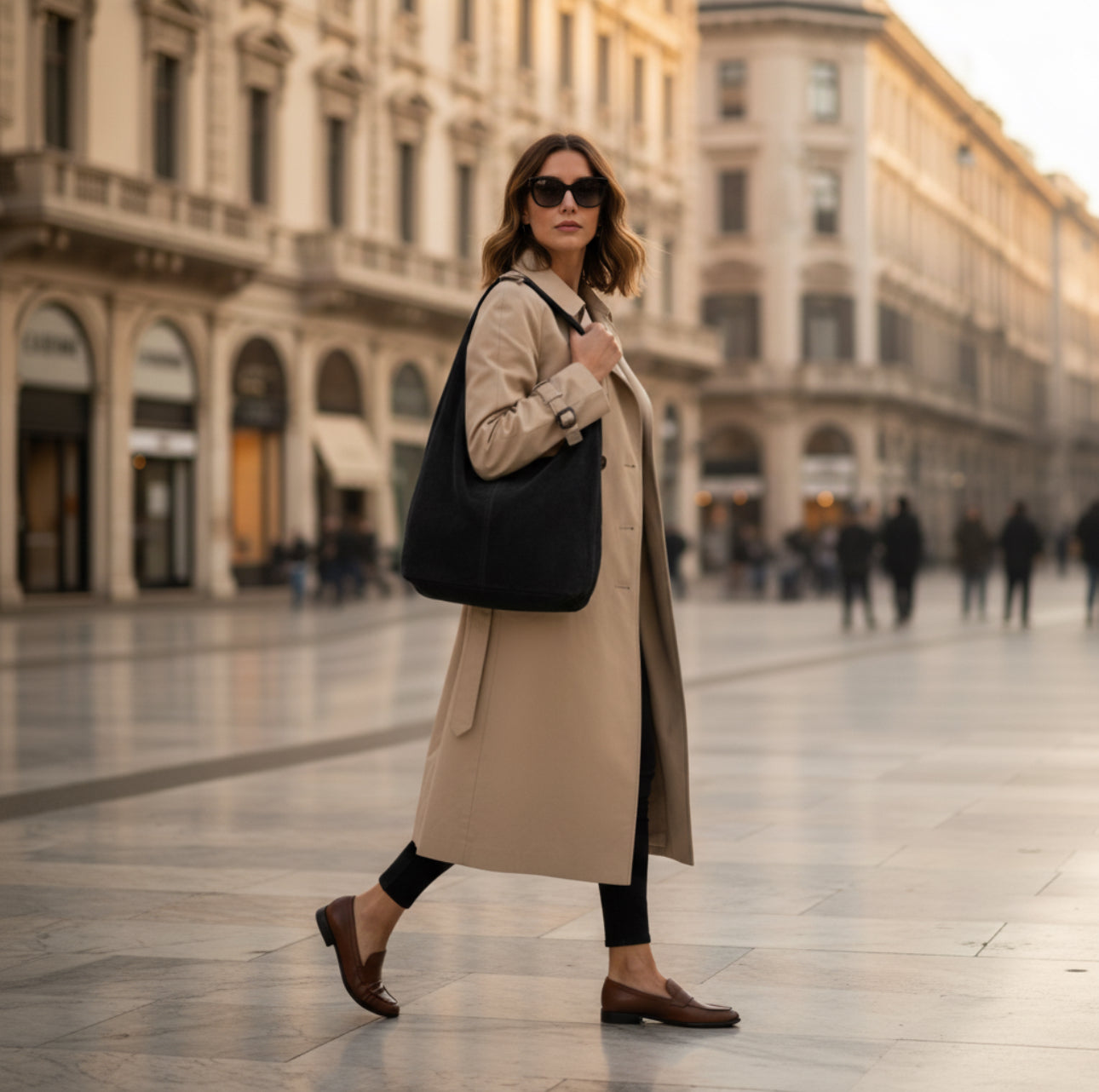 A woman wearing sunglasses and a beige trench coat walks confidently through a city square lined with elegant buildings, carrying an Italian suede bag and wearing brown loafers.