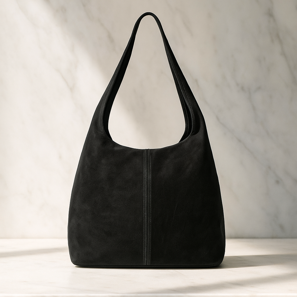 A black minimalist suede handbag with a single wide strap sits on a light marble surface, set against a pale marble background with soft natural light.