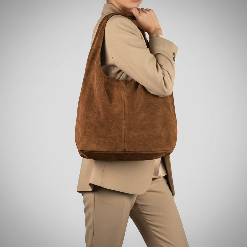 A person in a beige suit holds a large Italian suede bag, resting elegantly on their shoulder against a plain light grey background.