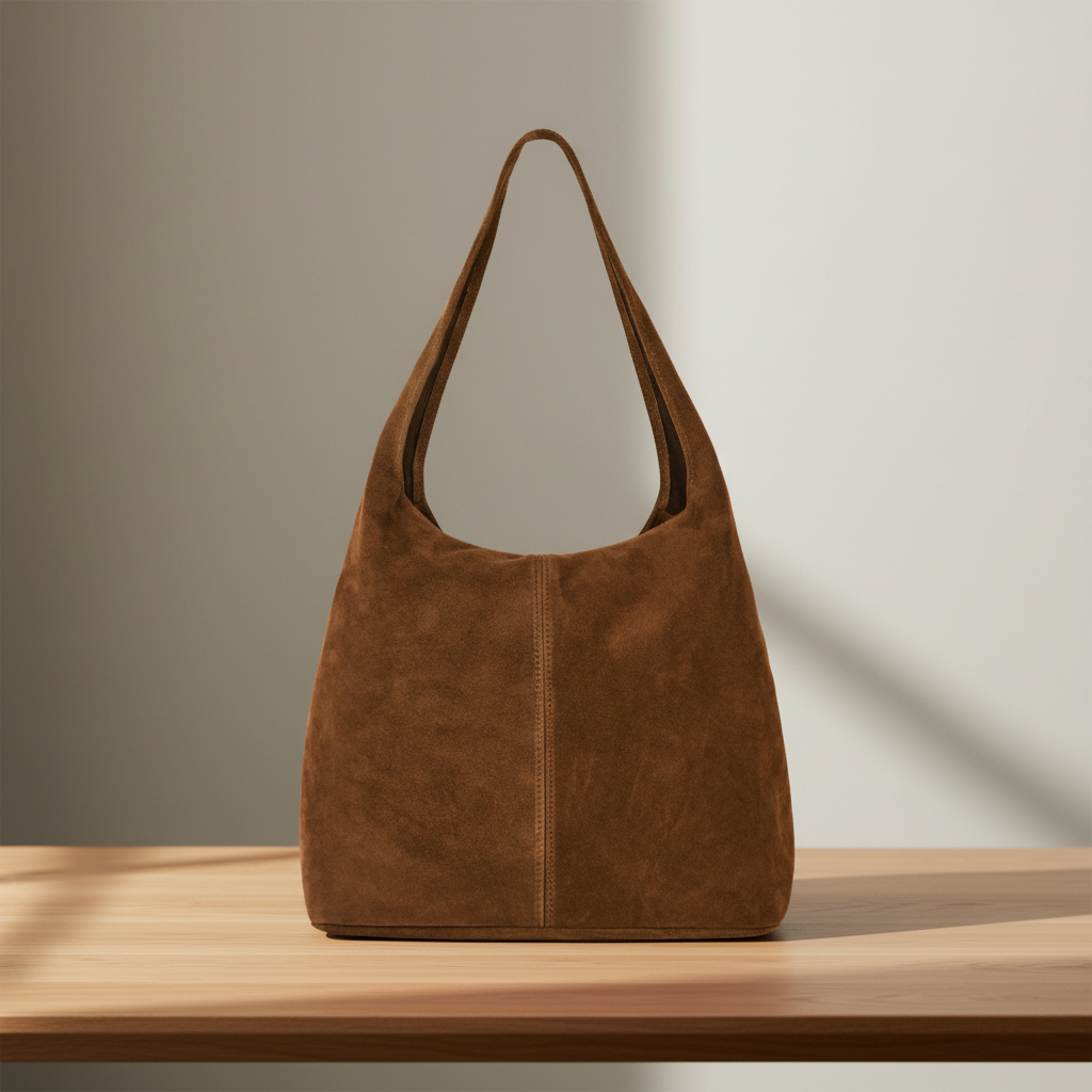 A minimalist suede handbag with a single shoulder strap is placed on a light wooden surface, soft natural light casting gentle shadows in the background—a true testament to Florentine craftsmanship.