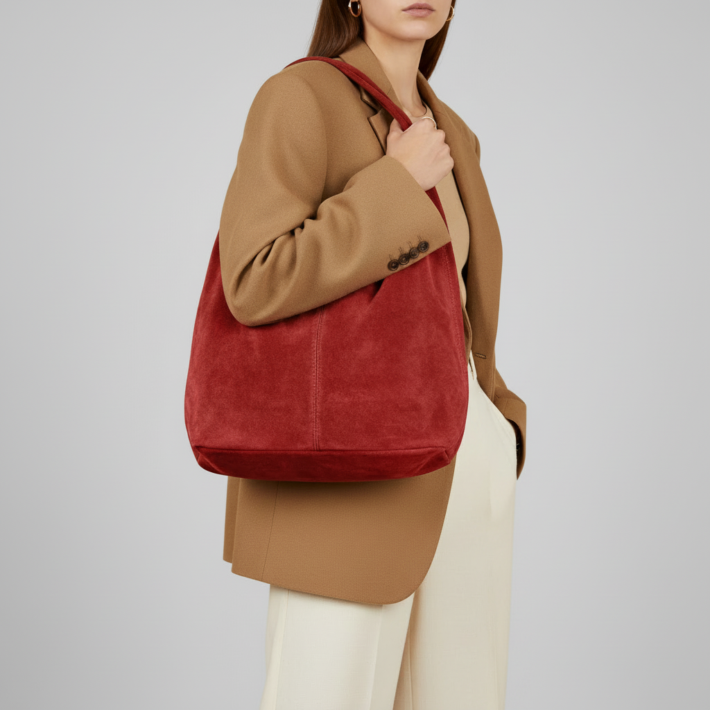 A woman in a camel-colored blazer and white pants holds an Italian suede bag against a plain gray background. The image is cropped at the shoulders, highlighting the minimalist suede handbag’s elegance.