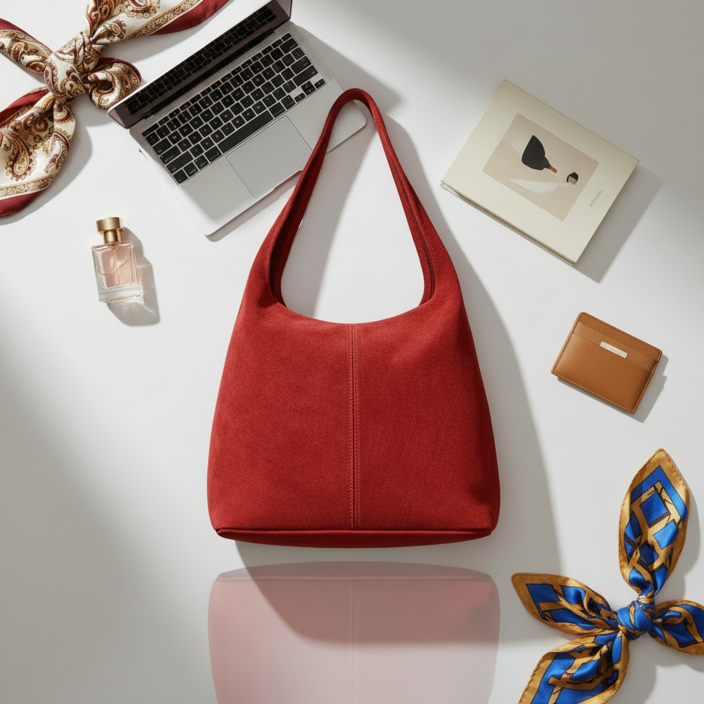A stylish Italian suede bag is placed on a white surface, surrounded by a scarf, open laptop, perfume bottle, book, brown wallet, and a decorative ribbon—all neatly arranged to highlight its Florentine craftsmanship.