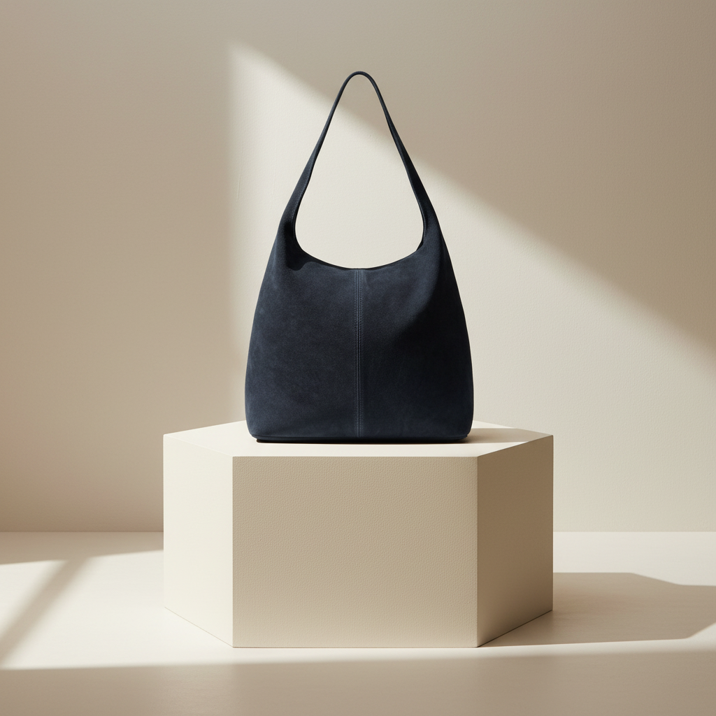 A minimalist suede handbag with a single strap is displayed on a cream-colored hexagonal pedestal, illuminated by soft natural light against a neutral beige background.