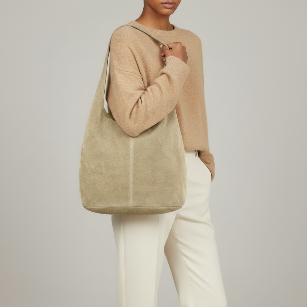 A person wearing a beige sweater and white pants carries a large, minimalist suede handbag. The background is plain light gray, and the person’s face is not visible.