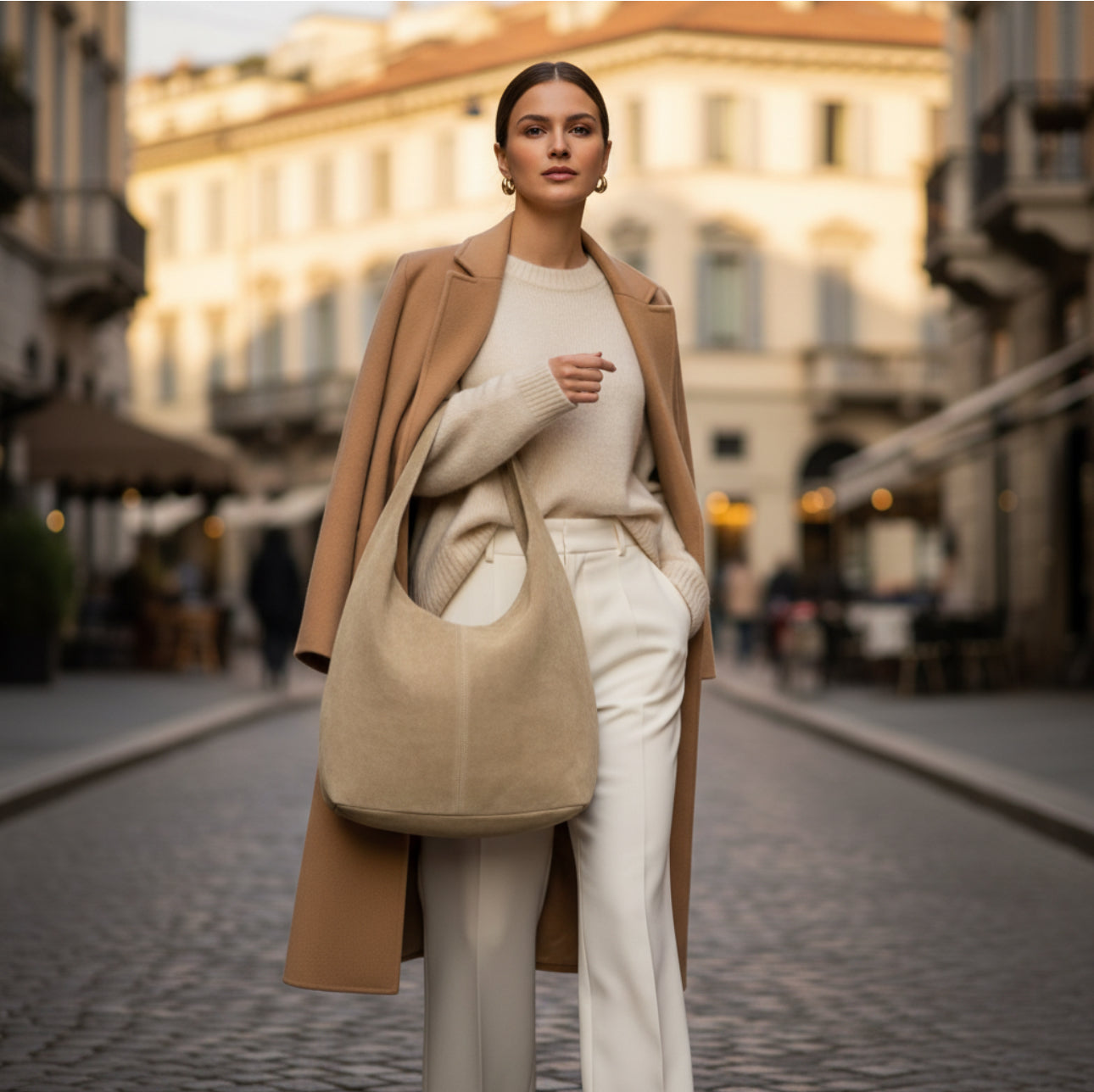 A stylish woman in a beige coat, white sweater, and white trousers stands on a cobblestone street, holding a minimalist suede handbag. Elegant architecture and outdoor cafes line the background.