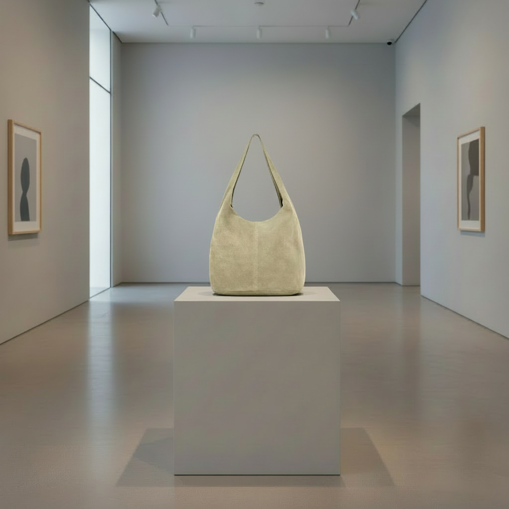 A minimalist suede handbag is displayed on a pedestal in a minimalist art gallery with soft lighting and framed abstract portraits hanging on the walls.