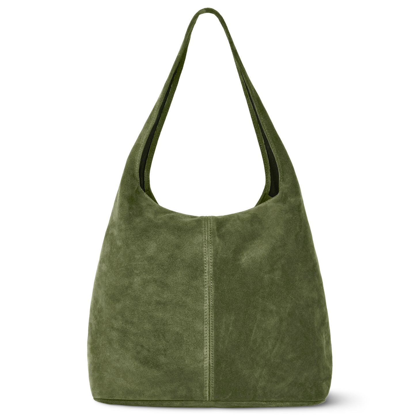 Olive suede Italian bag with a single wide shoulder strap and minimal, seamless design. A subtle vertical seam on the front highlights refined Florentine craftsmanship.