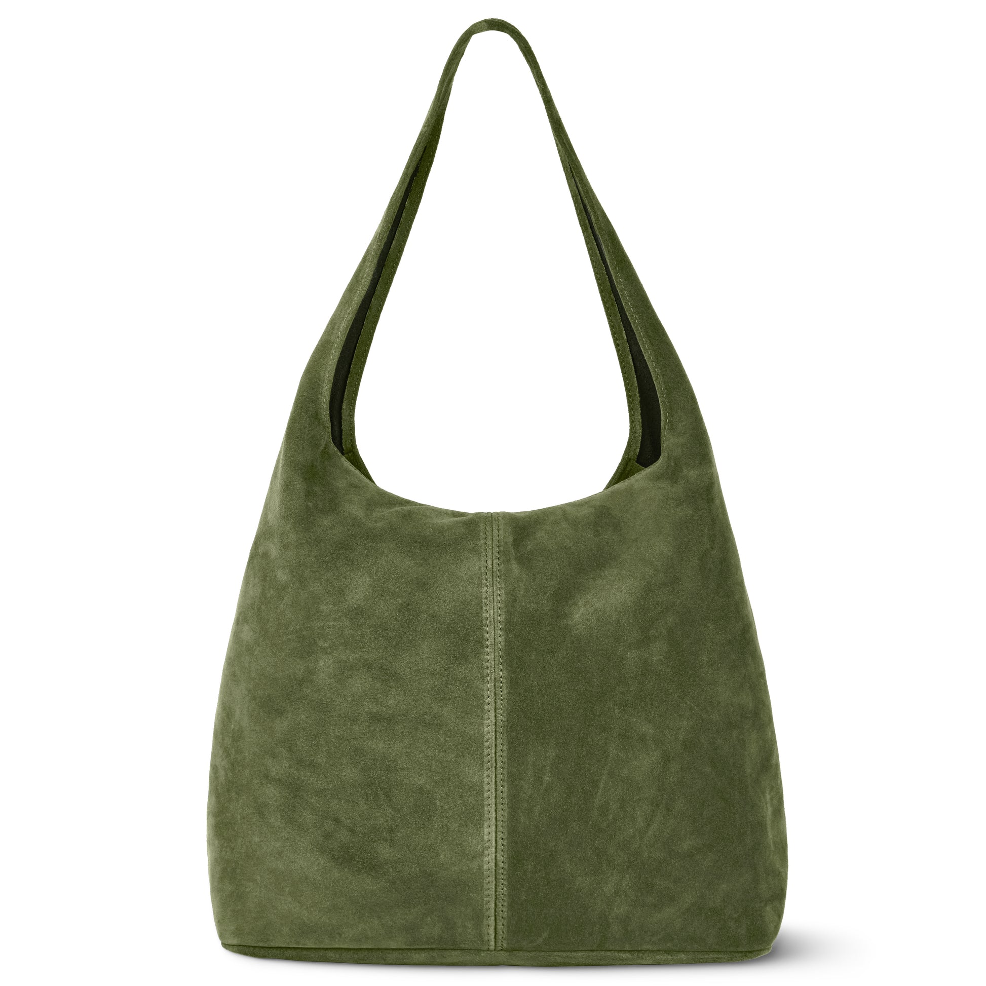 Olive suede Italian bag with a single wide shoulder strap and minimal, seamless design. A subtle vertical seam on the front highlights refined Florentine craftsmanship.