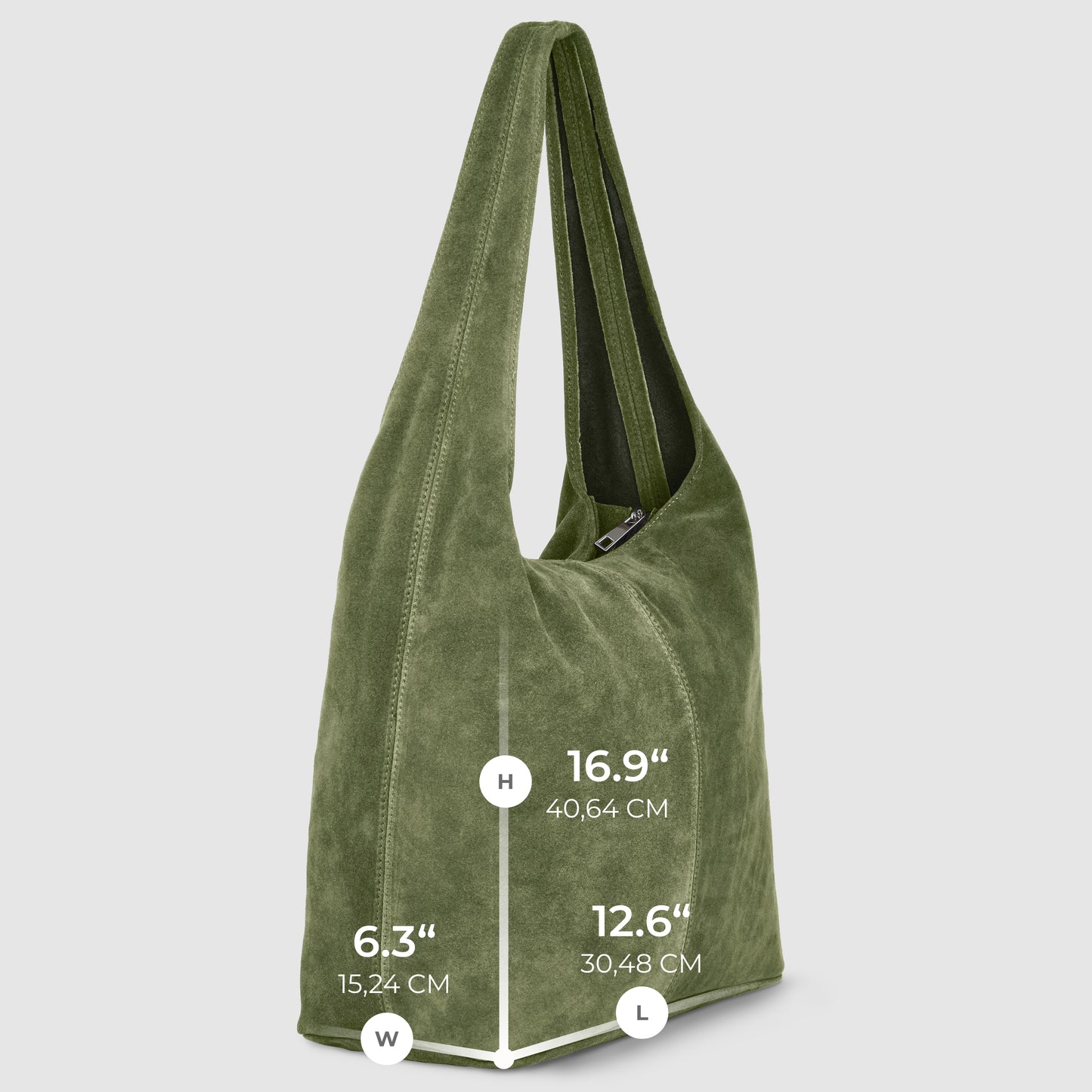 Olive green Italian suede bag with a wide strap, shown standing upright. White dimension lines indicate height (16.9 / 40.64 cm), width (6.3 / 15.24 cm), and length (12.6 / 30.48 cm).